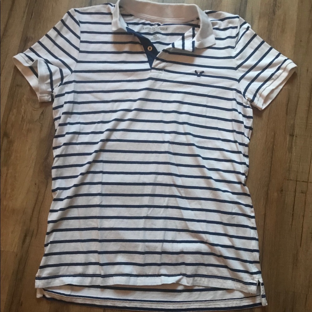 American Eagle Navy Blue & White Stripe Polo